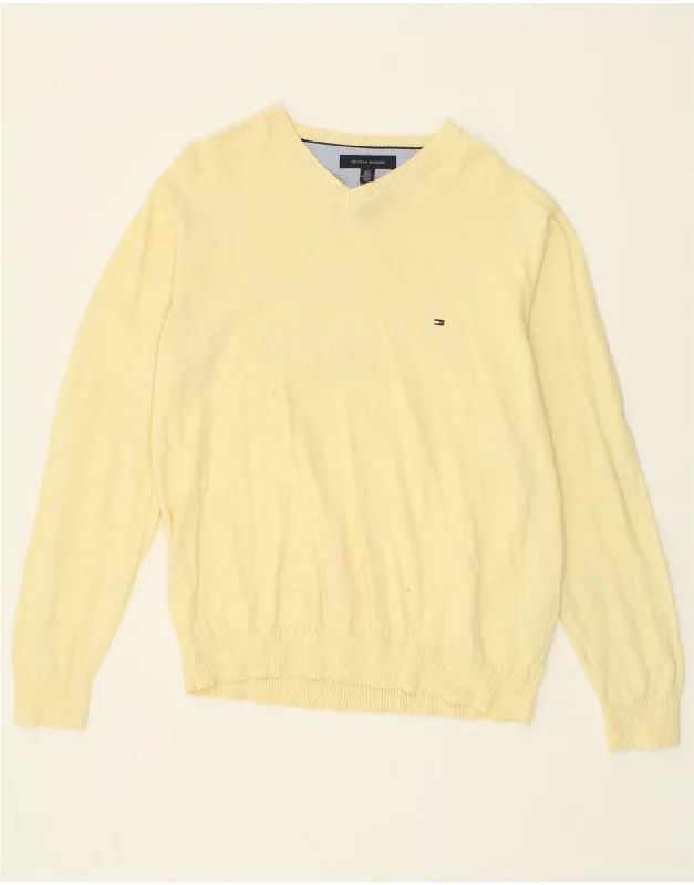 TOMMY HILFIGER Mens V-Neck Jumper Sweater Large Yellow Cotton Transparent Opaque Sheer TOMMY HILFIGER Mens V-Neck Jumper Sweater Large Yellow Cotton Transparent Opaque Sheer