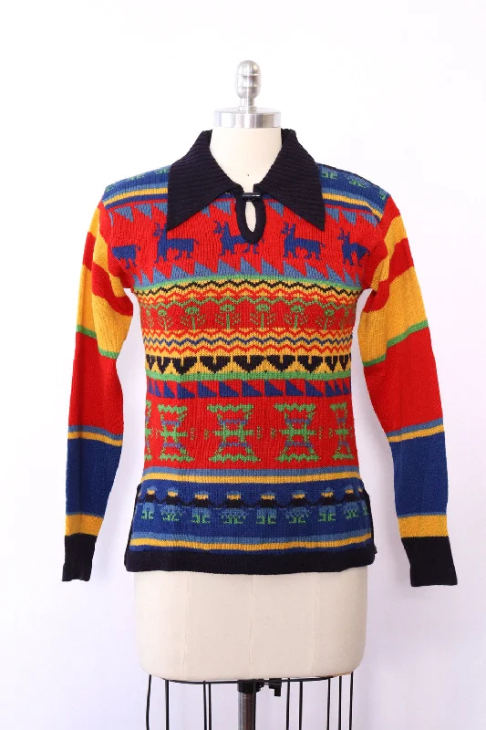 Collage Folksy Collared Sweater M Solid Print Embellished