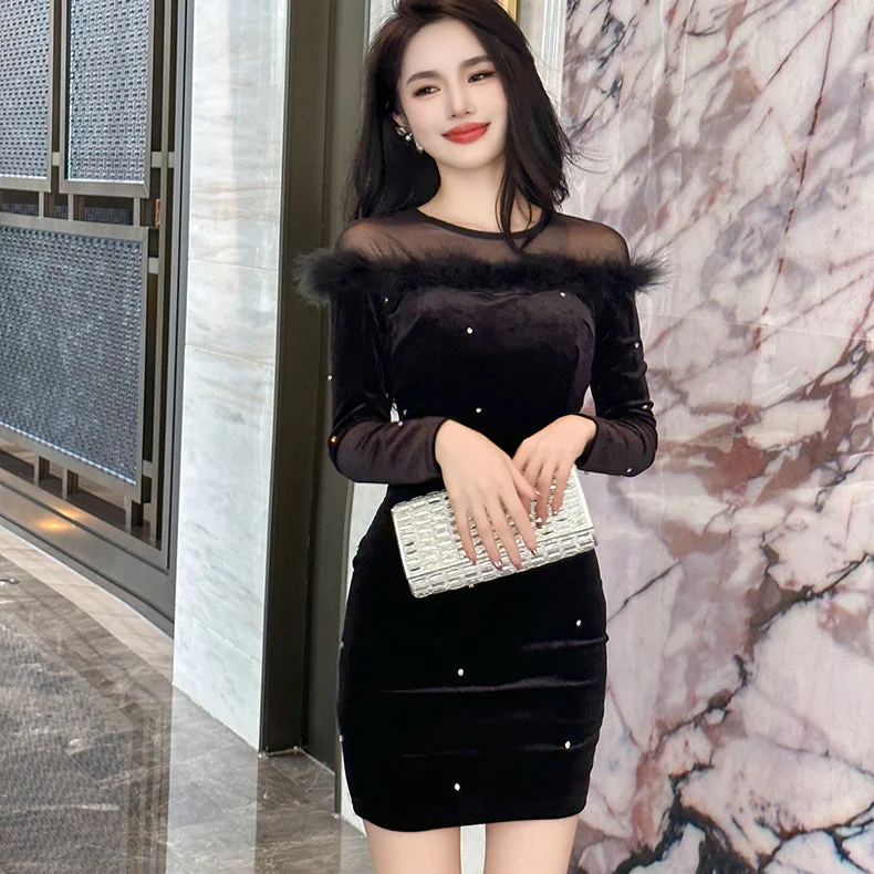 ZYHT 40006 New Autumn Black Velvet Dress For Women Elegant Diamond Patchwork Prom Evening Mini Dresses Cozy Satin Mini Dress
