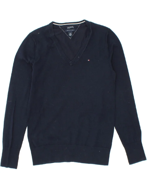 TOMMY HILFIGER Womens V-Neck Jumper Sweater UK 12 Medium Navy Blue Cotton Real Fur Shearling Chenille TOMMY HILFIGER Womens V-Neck Jumper Sweater UK 12 Medium Navy Blue Cotton Real Fur Shearling Chenille
