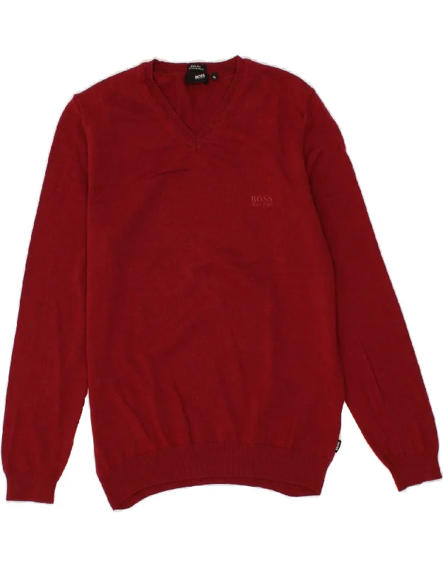 HUGO BOSS Mens V-Neck Jumper Sweater Medium Burgundy Merino Wool Cashmere Blend Cotton Blend Poly Blend HUGO BOSS Mens V-Neck Jumper Sweater Medium Burgundy Merino Wool Cashmere Blend Cotton Blend Poly Blend
