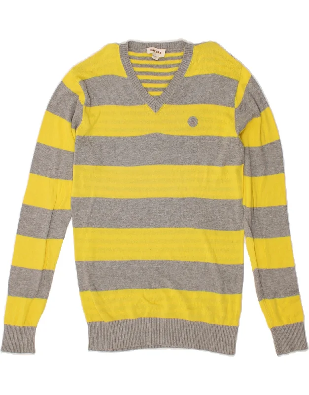 DIESEL Mens V-Neck Jumper Sweater Medium Yellow Striped Boxy Sweater Fitted Sweater A-Line DIESEL Mens V-Neck Jumper Sweater Medium Yellow Striped Boxy Sweater Fitted Sweater A-Line