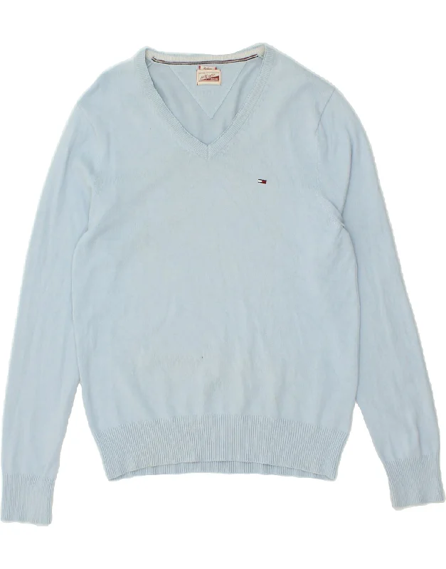 TOMMY HILFIGER Mens V-Neck Jumper Sweater Medium Blue Cotton Cable Knit Ribbed Knit Lace Knit TOMMY HILFIGER Mens V-Neck Jumper Sweater Medium Blue Cotton Cable Knit Ribbed Knit Lace Knit