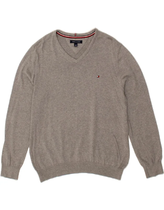 TOMMY HILFIGER Mens V-Neck Jumper Sweater Large Grey Cotton Machine Wash Dry Clean Hand Wash TOMMY HILFIGER Mens V-Neck Jumper Sweater Large Grey Cotton Machine Wash Dry Clean Hand Wash