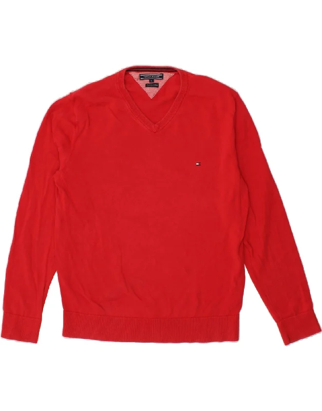 TOMMY HILFIGER Mens V-Neck Jumper Sweater Large Red Cotton Fleece Sweater Nylon Polyester TOMMY HILFIGER Mens V-Neck Jumper Sweater Large Red Cotton Fleece Sweater Nylon Polyester