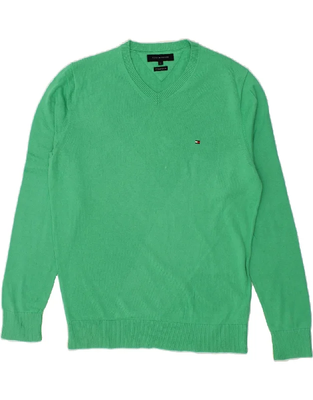 TOMMY HILFIGER Mens V-Neck Jumper Sweater Large Green Cotton Tailored Straight A-Line TOMMY HILFIGER Mens V-Neck Jumper Sweater Large Green Cotton Tailored Straight A-Line