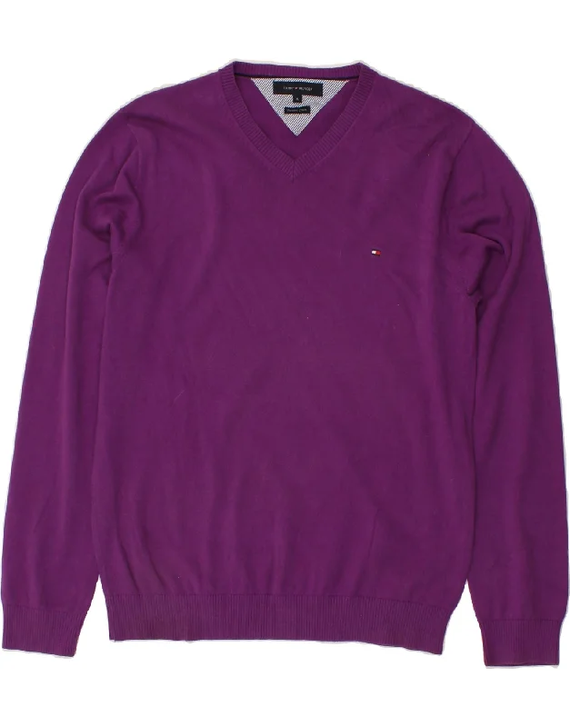 TOMMY HILFIGER Mens V-Neck Jumper Sweater XL Purple Cotton Mesh Blend Leather Blend Suede Blend TOMMY HILFIGER Mens V-Neck Jumper Sweater XL Purple Cotton Mesh Blend Leather Blend Suede Blend