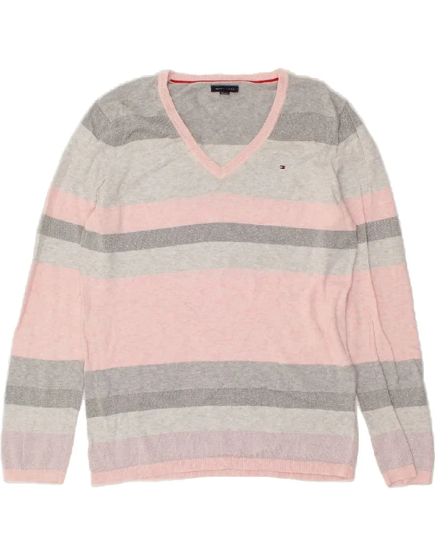 TOMMY HILFIGER Womens V-Neck Jumper Sweater UK 16 Large Pink Striped Long Sweater Short Sweater Cropped Sweater TOMMY HILFIGER Womens V-Neck Jumper Sweater UK 16 Large Pink Striped Long Sweater Short Sweater Cropped Sweater