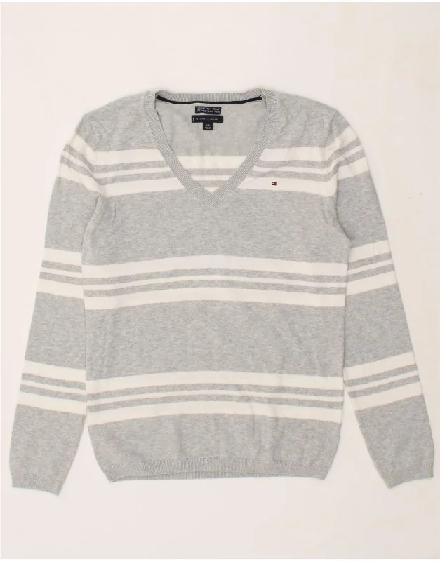 TOMMY HILFIGER Womens V-Neck Jumper Sweater UK 10 Small Grey Striped Faux Fur Fabric Real Fur Fabric Shearling Fabric TOMMY HILFIGER Womens V-Neck Jumper Sweater UK 10 Small Grey Striped Faux Fur Fabric Real Fur Fabric Shearling Fabric