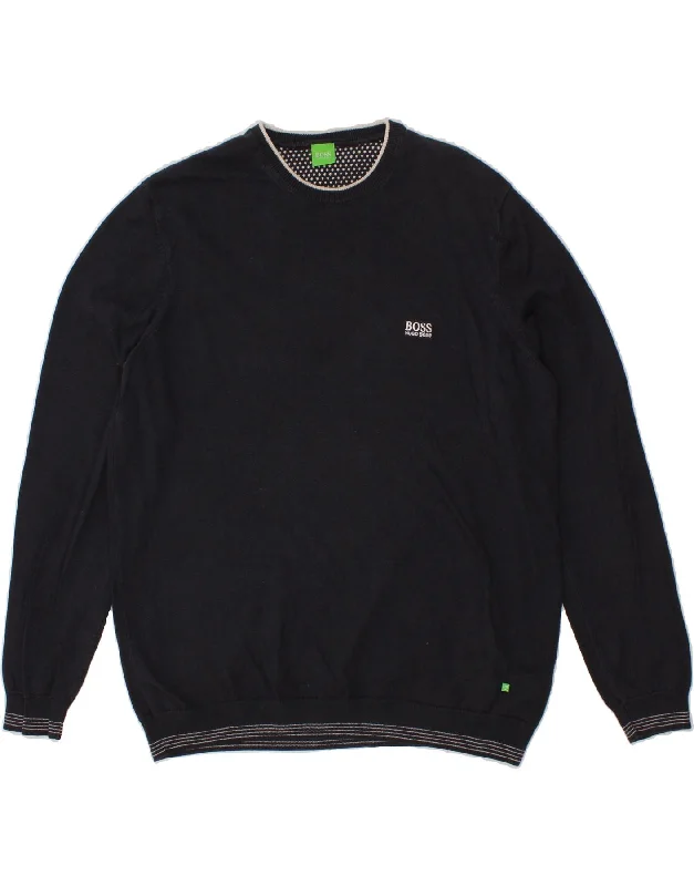 HUGO BOSS Mens Crew Neck Jumper Sweater 2XL Navy Blue Cotton Open Front Closed Front Wrap Front HUGO BOSS Mens Crew Neck Jumper Sweater 2XL Navy Blue Cotton Open Front Closed Front Wrap Front