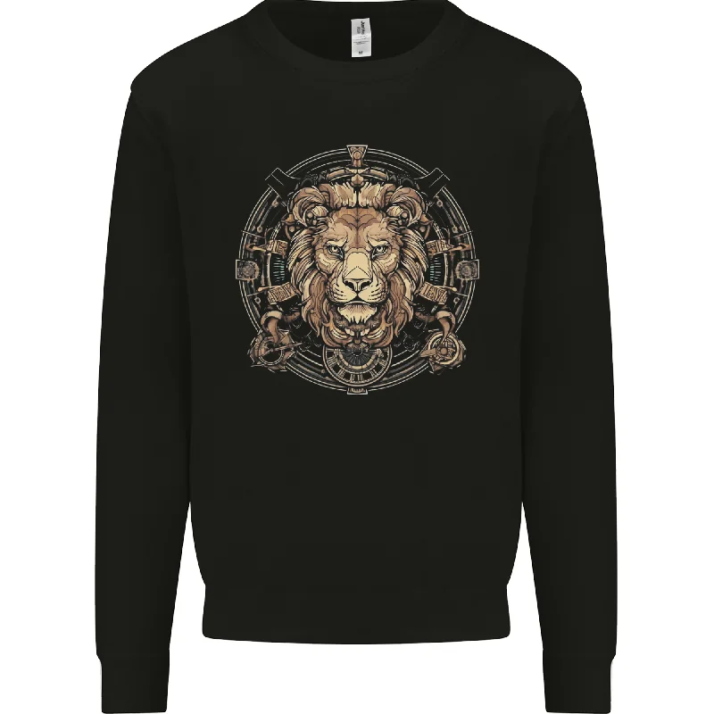 A Lions Head on a Timepiece Shield Mens Sweatshirt Jumper Hoodie with Contrast Stitching Detailed Premium