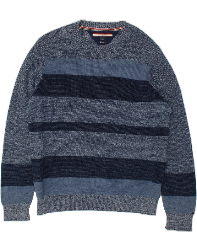 TOMMY HILFIGER Mens Crew Neck Jumper Sweater Large Navy Blue Striped Glossy Satin Silk TOMMY HILFIGER Mens Crew Neck Jumper Sweater Large Navy Blue Striped Glossy Satin Silk