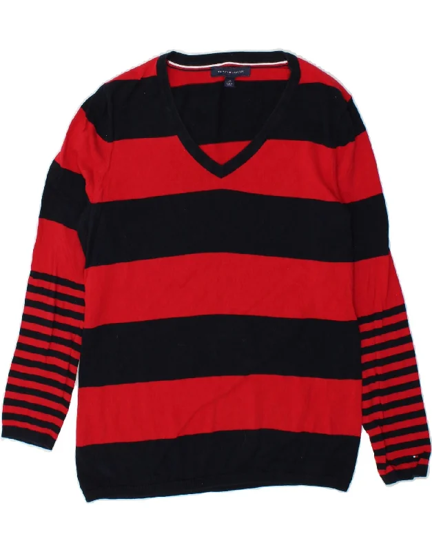 TOMMY HILFIGER Womens V-Neck Jumper Sweater UK 16 Large Red Striped Cotton Nylon Fabric Polyester Fabric Spandex Fabric TOMMY HILFIGER Womens V-Neck Jumper Sweater UK 16 Large Red Striped Cotton Nylon Fabric Polyester Fabric Spandex Fabric