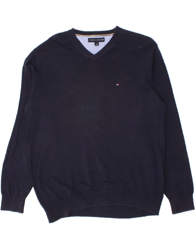 TOMMY HILFIGER Mens V-Neck Jumper Sweater Large Navy Blue Cotton Layered Multi-layer Single Layer TOMMY HILFIGER Mens V-Neck Jumper Sweater Large Navy Blue Cotton Layered Multi-layer Single Layer