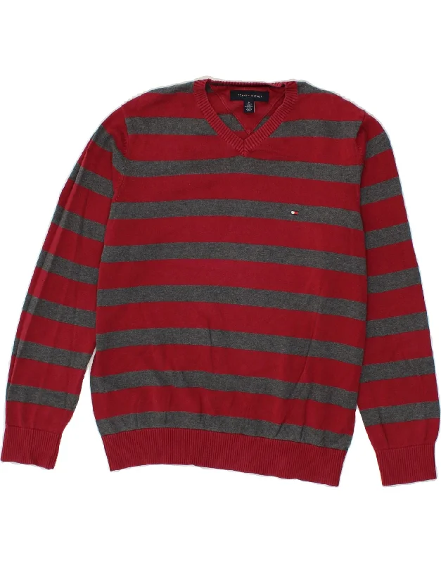 TOMMY HILFIGER Mens V-Neck Jumper Sweater Medium Red Striped Cotton Spandex Blend Rayon Blend Denim Blend TOMMY HILFIGER Mens V-Neck Jumper Sweater Medium Red Striped Cotton Spandex Blend Rayon Blend Denim Blend