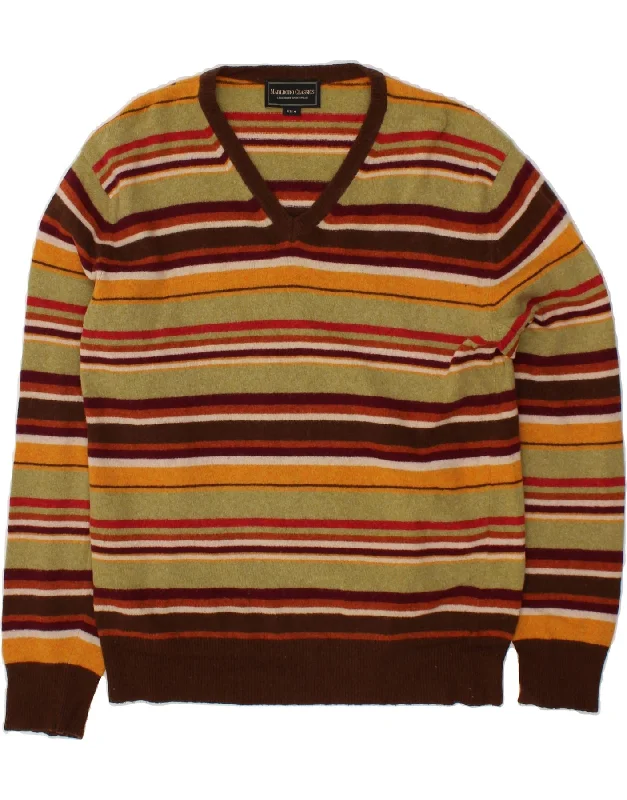 MARLBORO CLASSICS Mens V-Neck Jumper Sweater Medium Multicoloured Striped Seamless Knitted Crochet MARLBORO CLASSICS Mens V-Neck Jumper Sweater Medium Multicoloured Striped Seamless Knitted Crochet