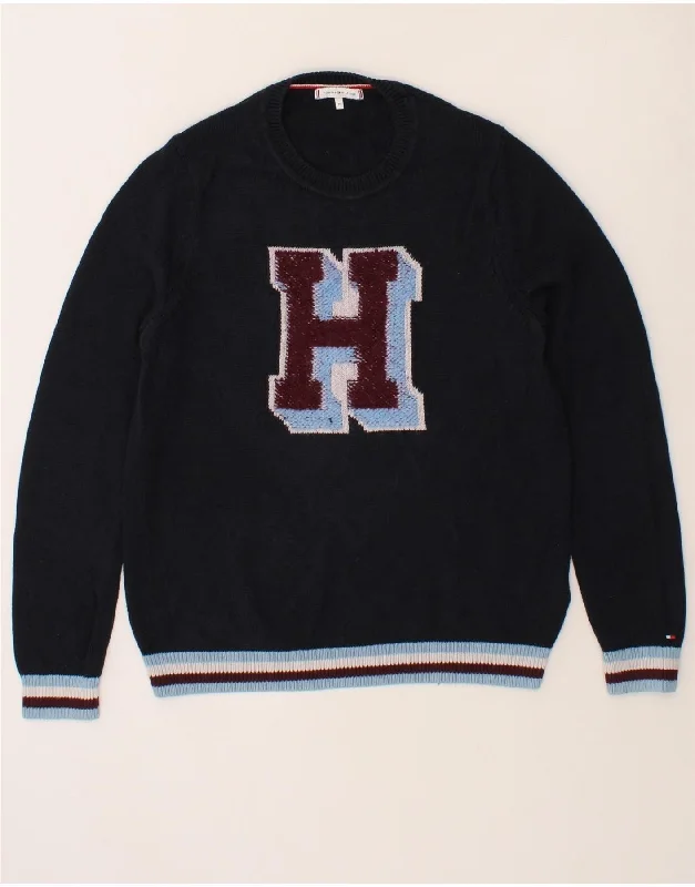 TOMMY HILFIGER Mens Graphic Crew Neck Jumper Sweater Medium Navy Blue Mesh Blend Leather Blend Suede Blend TOMMY HILFIGER Mens Graphic Crew Neck Jumper Sweater Medium Navy Blue Mesh Blend Leather Blend Suede Blend