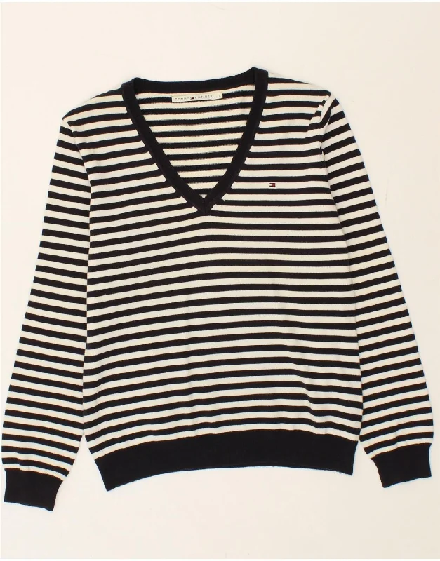 TOMMY HILFIGER Womens V-Neck Jumper Sweater UK 14 Large Black Striped Modern Contemporary Chic TOMMY HILFIGER Womens V-Neck Jumper Sweater UK 14 Large Black Striped Modern Contemporary Chic
