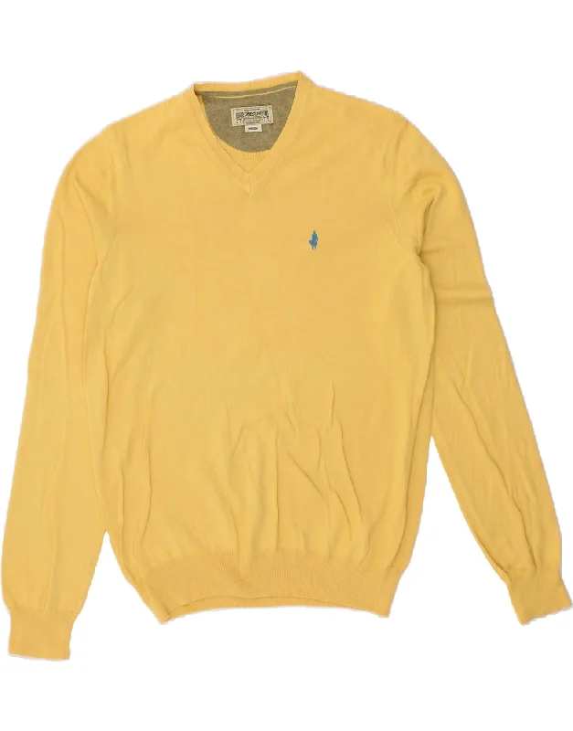 MARLBORO CLASSICS Mens V-Neck Jumper Sweater Medium Yellow Cotton Chenille Brocade Lace MARLBORO CLASSICS Mens V-Neck Jumper Sweater Medium Yellow Cotton Chenille Brocade Lace