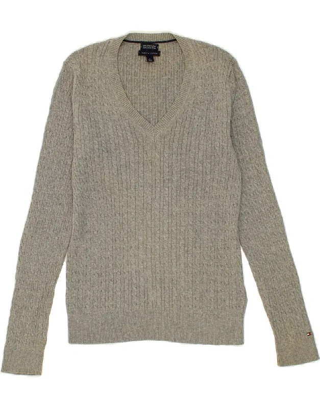 TOMMY HILFIGER Womens V-Neck Jumper Sweater UK 14 Medium Grey Cotton Boat Neck Shawl Collar Notched Collar TOMMY HILFIGER Womens V-Neck Jumper Sweater UK 14 Medium Grey Cotton Boat Neck Shawl Collar Notched Collar