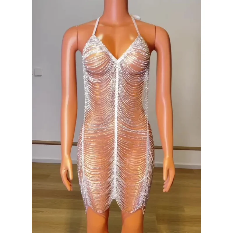 Sexy Hollow Out See Through Luxury Cocktail Dress Full Body Rhinestone Chain Bodice Applique Dress Party Clubnight Mini Dress Casual Button-Up Mini Dress