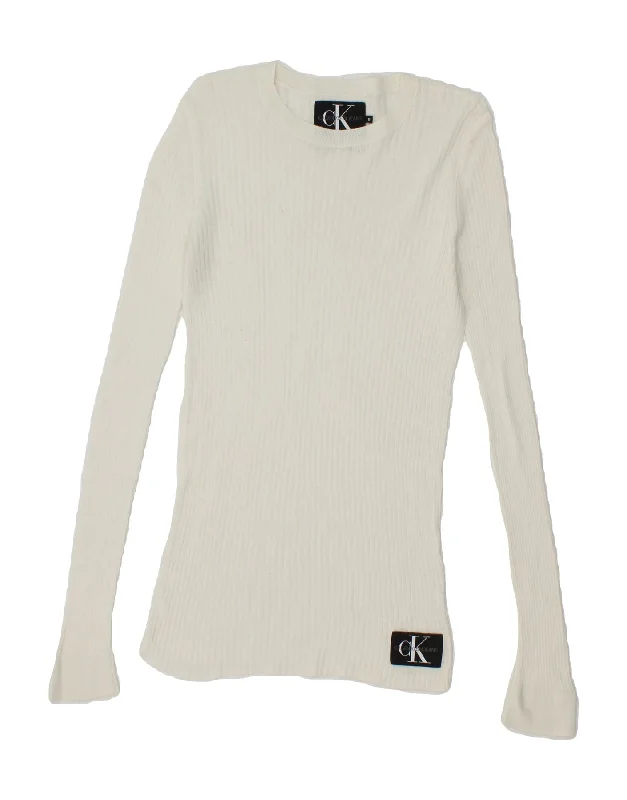 CALVIN KLEIN JEANS Womens Crew Neck Jumper Sweater UK 8 Small Off White Solid Print Embellished CALVIN KLEIN JEANS Womens Crew Neck Jumper Sweater UK 8 Small Off White Solid Print Embellished