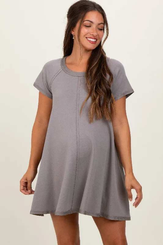 Mocha French Terry Basic Short Sleeve Maternity Mini Dress Comfortable Linen Mini Dress
