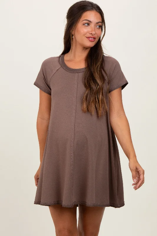 Brown French Terry Basic Short Sleeve Maternity Mini Dress Elegant Mini Dress with Ruffles