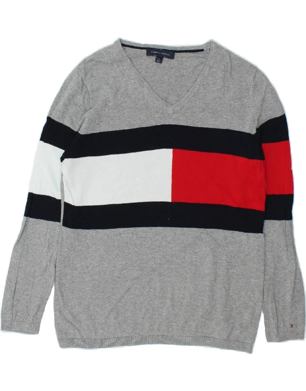 TOMMY HILFIGER Womens V-Neck Jumper Sweater UK 16 Large Grey Colourblock Satin Fabric Silk Fabric Chiffon Fabric TOMMY HILFIGER Womens V-Neck Jumper Sweater UK 16 Large Grey Colourblock Satin Fabric Silk Fabric Chiffon Fabric