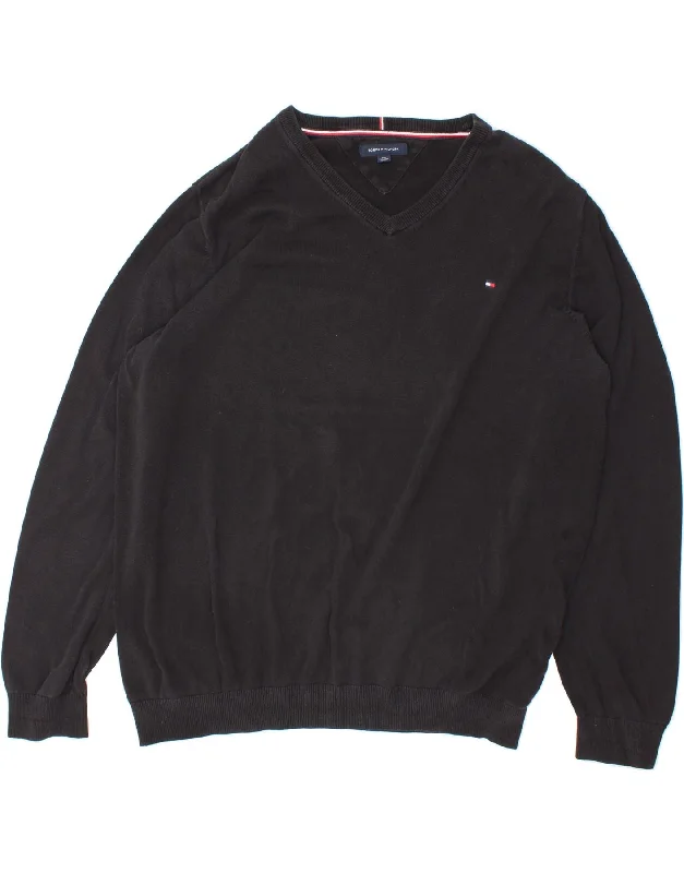 TOMMY HILFIGER Mens V-Neck Jumper Sweater 2XL Black Cotton Wool Fabric Cashmere Fabric Tweed Fabric TOMMY HILFIGER Mens V-Neck Jumper Sweater 2XL Black Cotton Wool Fabric Cashmere Fabric Tweed Fabric