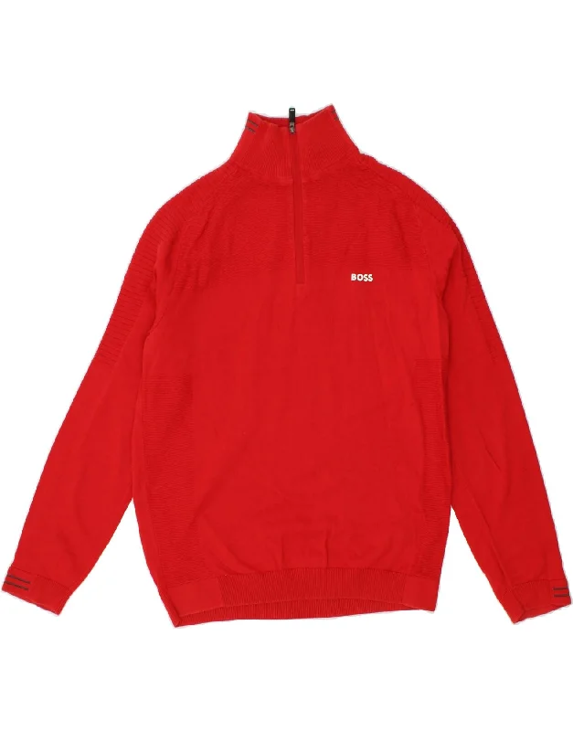 HUGO BOSS Mens Zip Neck Jumper Sweater Large Red Cotton Denim Fabric Leather Fabric Suede Fabric HUGO BOSS Mens Zip Neck Jumper Sweater Large Red Cotton Denim Fabric Leather Fabric Suede Fabric