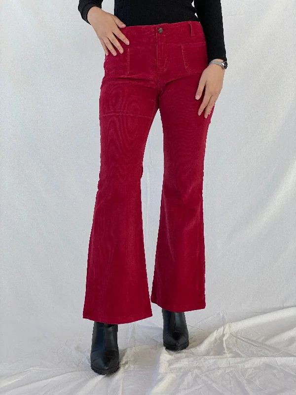 Vintage 90s Guess Jeans Stretch Maroon Flare Mid Rise Corduroy Pants - 38EUR Fashionable Slim Fit Jeans