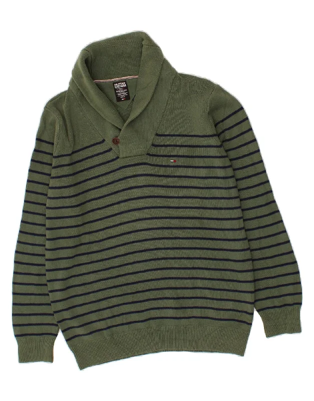 TOMMY HILFIGER Mens Shawl Neck Jumper Sweater Large Green Striped Cotton Sequined Glittery Shiny TOMMY HILFIGER Mens Shawl Neck Jumper Sweater Large Green Striped Cotton Sequined Glittery Shiny