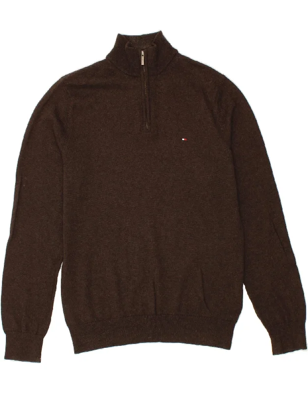 TOMMY HILFIGER Mens Zip Neck Jumper Sweater Large Brown Lambswool Oversized Loose Flowy TOMMY HILFIGER Mens Zip Neck Jumper Sweater Large Brown Lambswool Oversized Loose Flowy