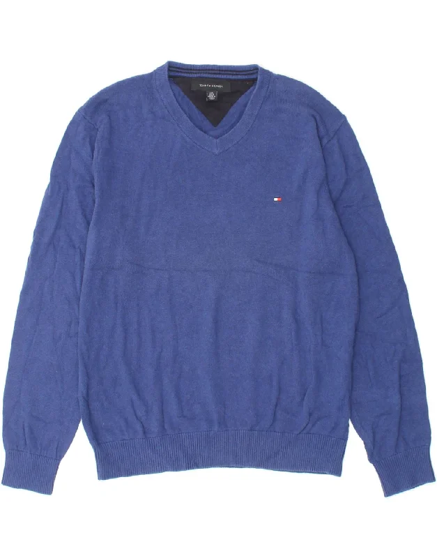 TOMMY HILFIGER Mens V-Neck Jumper Sweater Large Blue Zippered Front Buttoned Front Snap Front TOMMY HILFIGER Mens V-Neck Jumper Sweater Large Blue Zippered Front Buttoned Front Snap Front
