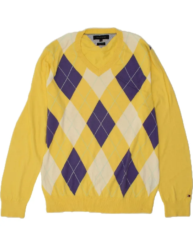 TOMMY HILFIGER Mens V-Neck Jumper Sweater XL Yellow Argyle/Diamond Cotton Faux Fur Fabric Real Fur Fabric Shearling Fabric TOMMY HILFIGER Mens V-Neck Jumper Sweater XL Yellow Argyle/Diamond Cotton Faux Fur Fabric Real Fur Fabric Shearling Fabric