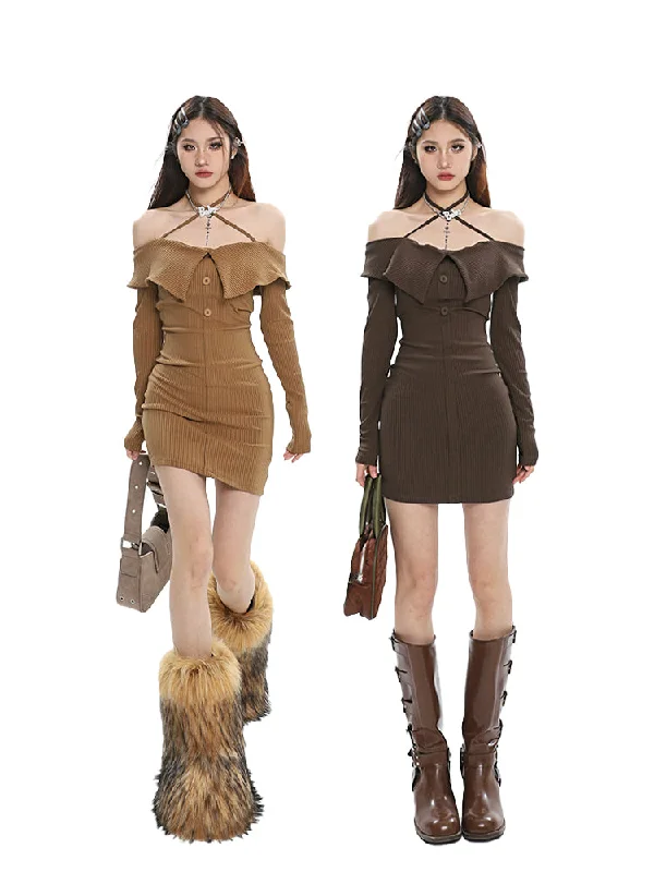 Caitlyn Solid Color Ribbed Lapels Off The Shoulder Long Sleeve Halter Slim Mini Dress Stylish Sweetheart Mini Dress Caitlyn Solid Color Ribbed Lapels Off The Shoulder Long Sleeve Halter Slim Mini Dress Stylish Sweetheart Mini Dress