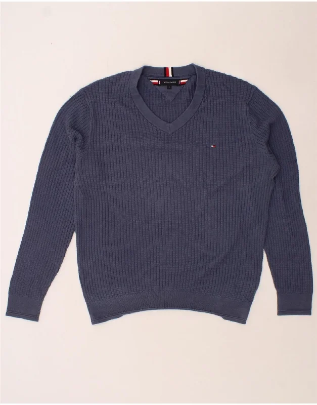 TOMMY HILFIGER Mens V-Neck Jumper Sweater XL Navy Blue Cotton Slim Fit Regular Fit Oversized TOMMY HILFIGER Mens V-Neck Jumper Sweater XL Navy Blue Cotton Slim Fit Regular Fit Oversized