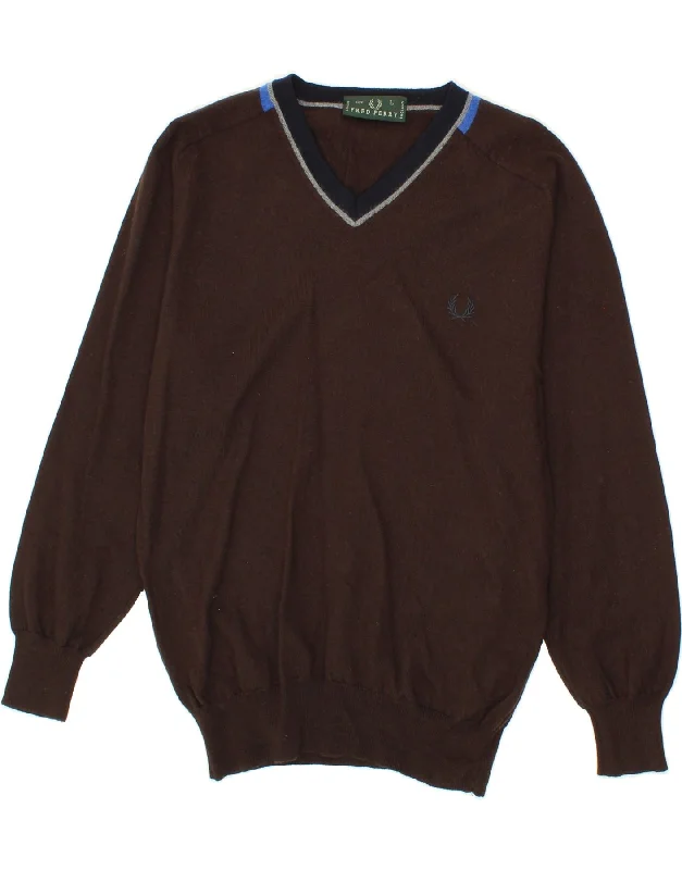 FRED PERRY Womens V-Neck Jumper Sweater UK 14 Large Brown Wool Collared Crew Neck Turtle Neck FRED PERRY Womens V-Neck Jumper Sweater UK 14 Large Brown Wool Collared Crew Neck Turtle Neck
