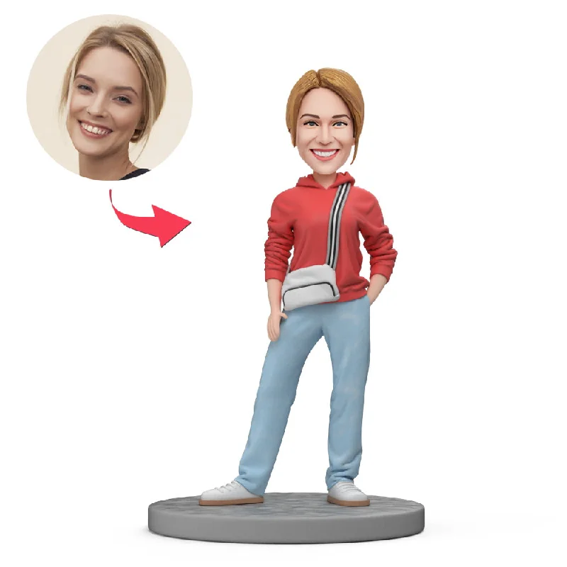 Casual Lady in Pink Top and Jeans Custom Bobblehead With Engraved Text Fashionable Slim Fit Jeans Casual Lady in Pink Top and Jeans Custom Bobblehead With Engraved Text Fashionable Slim Fit Jeans