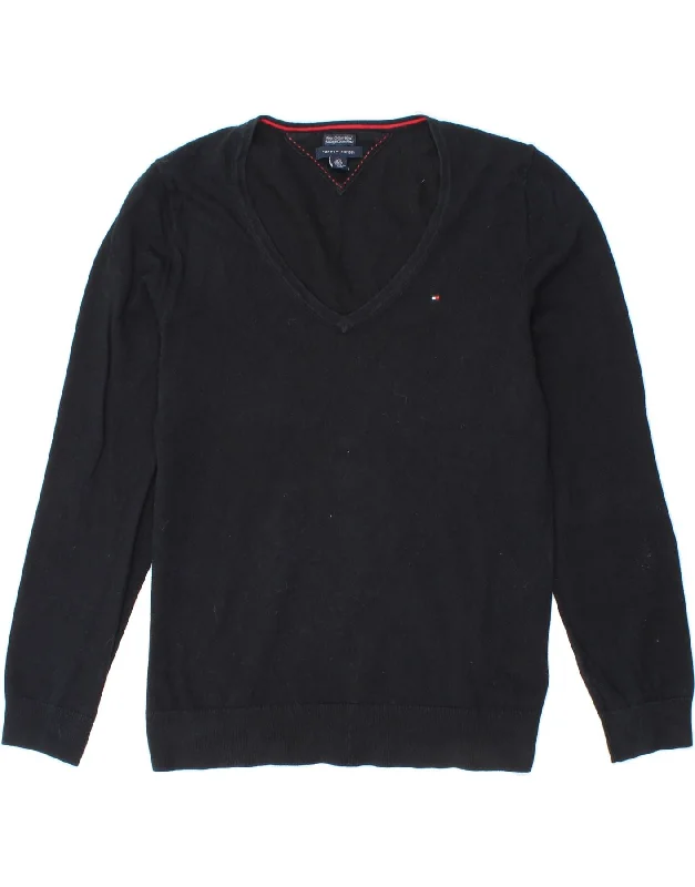 TOMMY HILFIGER Womens V-Neck Jumper Sweater UK 14 Large Navy Blue Cotton Transparent Opaque Sheer TOMMY HILFIGER Womens V-Neck Jumper Sweater UK 14 Large Navy Blue Cotton Transparent Opaque Sheer