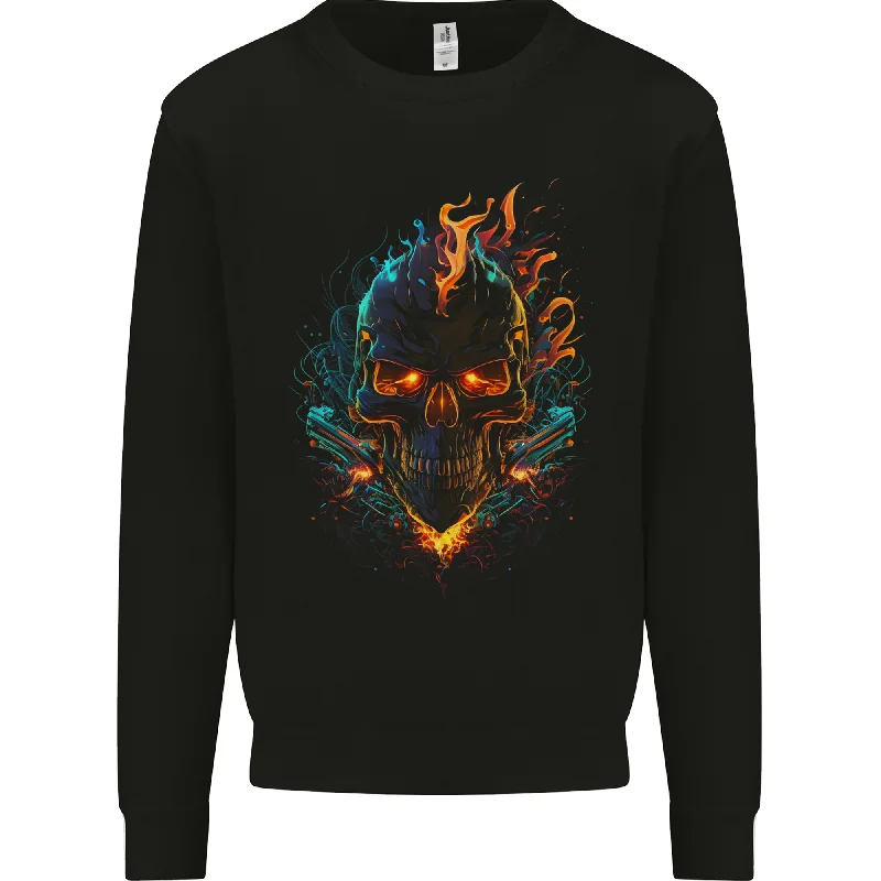 A Neon Skull With Flames Fantasy Demon Mens Sweatshirt Jumper Hoodie with Hem Elastic Stretchable Comfortable
