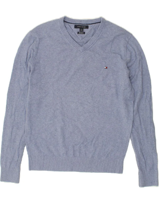 TOMMY HILFIGER Mens V-Neck Jumper Sweater Large Blue Cotton Chenille Blend Fleece Blend Nylon Blend TOMMY HILFIGER Mens V-Neck Jumper Sweater Large Blue Cotton Chenille Blend Fleece Blend Nylon Blend