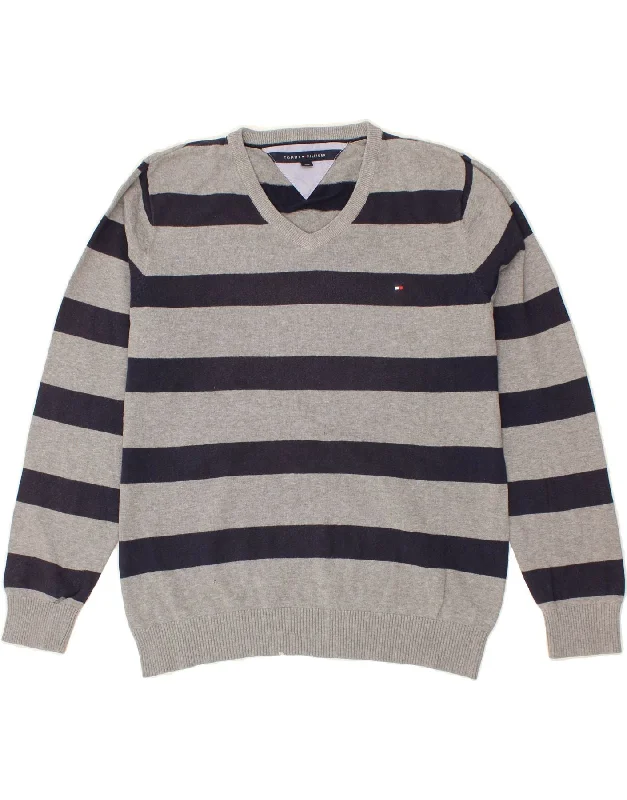 TOMMY HILFIGER Mens V-Neck Jumper Sweater Large Grey Striped Cotton Thin Thick Dense TOMMY HILFIGER Mens V-Neck Jumper Sweater Large Grey Striped Cotton Thin Thick Dense