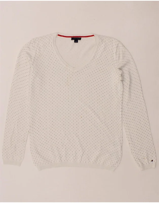 TOMMY HILFIGER Womens V-Neck Jumper Sweater UK 10 Small White Polka Dot Modern Contemporary Chic TOMMY HILFIGER Womens V-Neck Jumper Sweater UK 10 Small White Polka Dot Modern Contemporary Chic