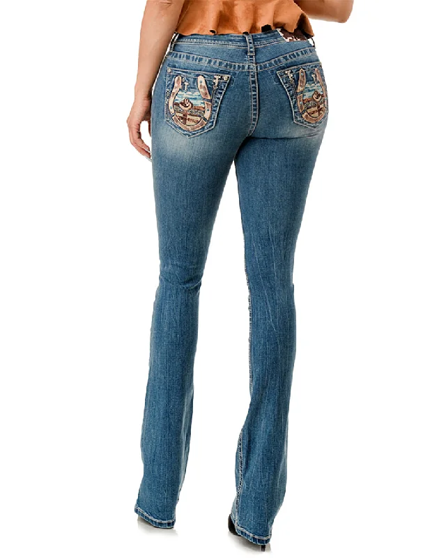 Women's Horseshoe Cowboy Scene Boot Cut Jeans Trendy Colored Denim Jeans