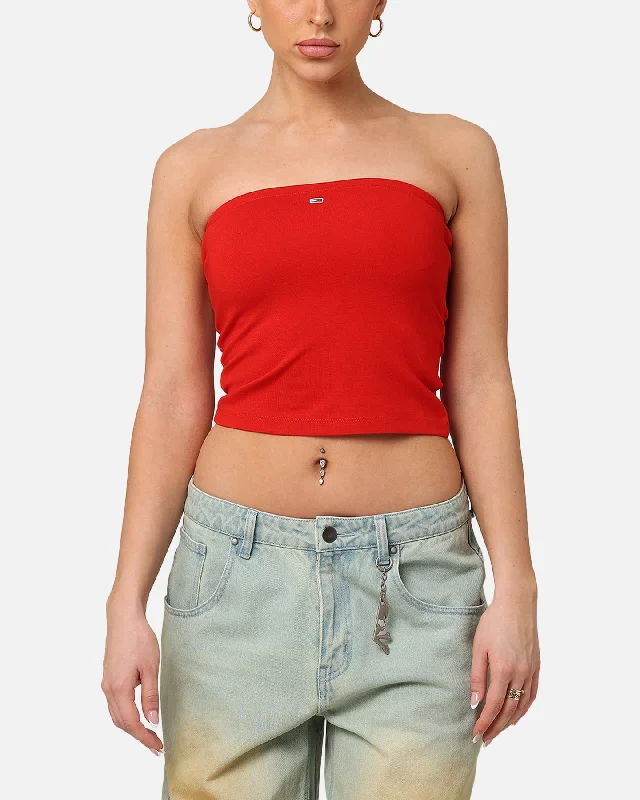 Tommy Jeans Women's TJW Slim Essential Tube Top Deep Crimson Stylish High-Waisted Denim Tommy Jeans Women's TJW Slim Essential Tube Top Deep Crimson Stylish High-Waisted Denim