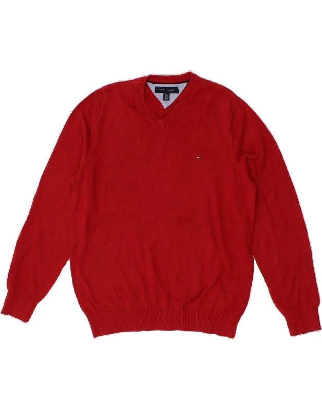TOMMY HILFIGER Mens V-Neck Jumper Sweater Large Red Cotton Mesh Sweater Canvas Denim TOMMY HILFIGER Mens V-Neck Jumper Sweater Large Red Cotton Mesh Sweater Canvas Denim