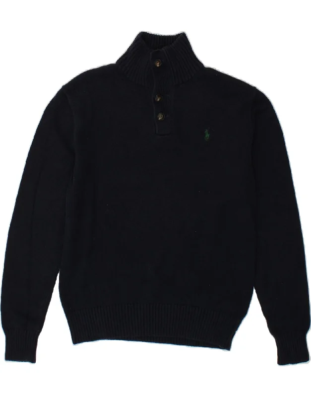 POLO RALPH LAUREN Mens Button Neck Jumper Sweater Medium Navy Blue Cotton Houndstooth Herringbone Solid POLO RALPH LAUREN Mens Button Neck Jumper Sweater Medium Navy Blue Cotton Houndstooth Herringbone Solid