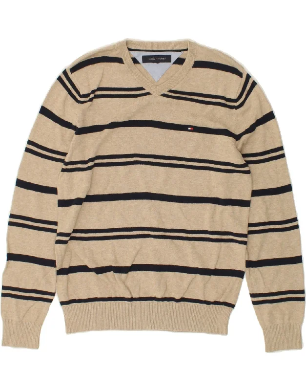 TOMMY HILFIGER Mens V-Neck Jumper Sweater Medium Beige Striped Cotton Zippered Buttoned Snapped TOMMY HILFIGER Mens V-Neck Jumper Sweater Medium Beige Striped Cotton Zippered Buttoned Snapped